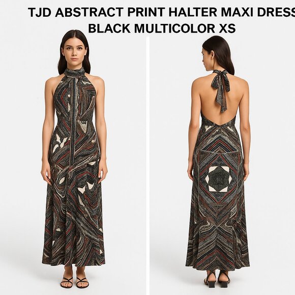TJD Abstract Print Halter Maxi Dress Black Multicolor XS - Picture 1 of 12